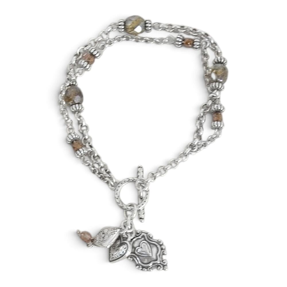 Brighton Two Strand Beaded Charm Bracelet Toggle Clasp Silver Retired Design